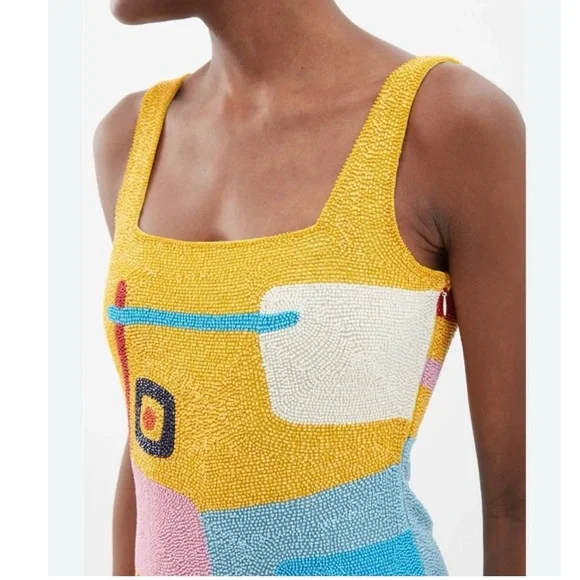 Staud Le Sable Square-Neck Beaded Mini Dress in Daffodil Dream Size XS - Picture 2 of 12